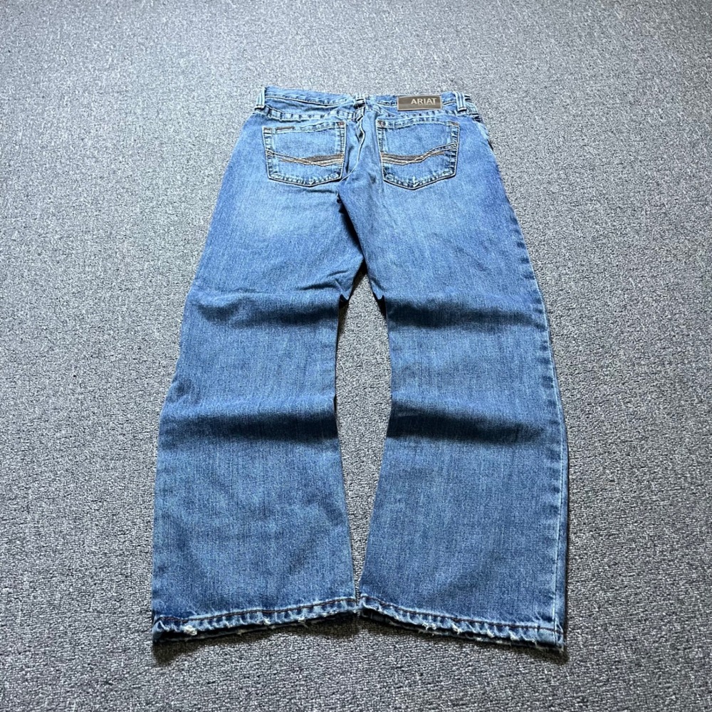 Ariat M4 Relaxed Boot Cut Jeans 30/30 Blue Denim Western Distressed Hems